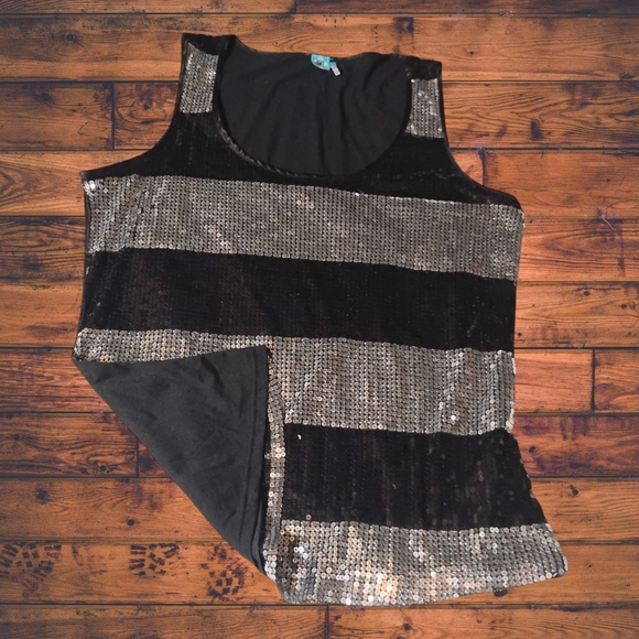 SD Collection Black and Silver Striped Sequin Tank Top - Picture 1 of 6